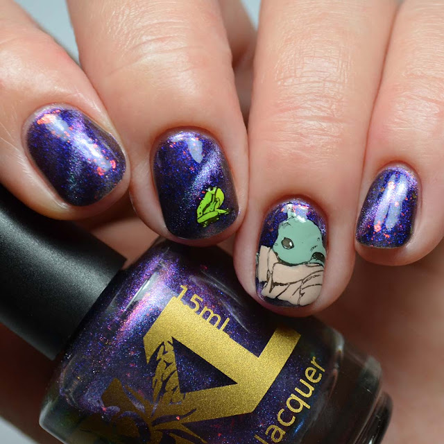 magnetic blue nail polish with baby yoda stamping