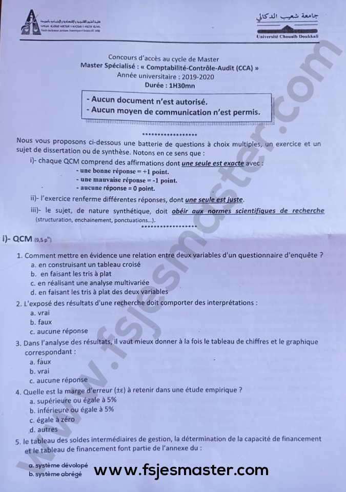 Exemple Concours Master Comptabilité Contrôle Audit (CCA) 2019-2020 - Fsjes El Jadida