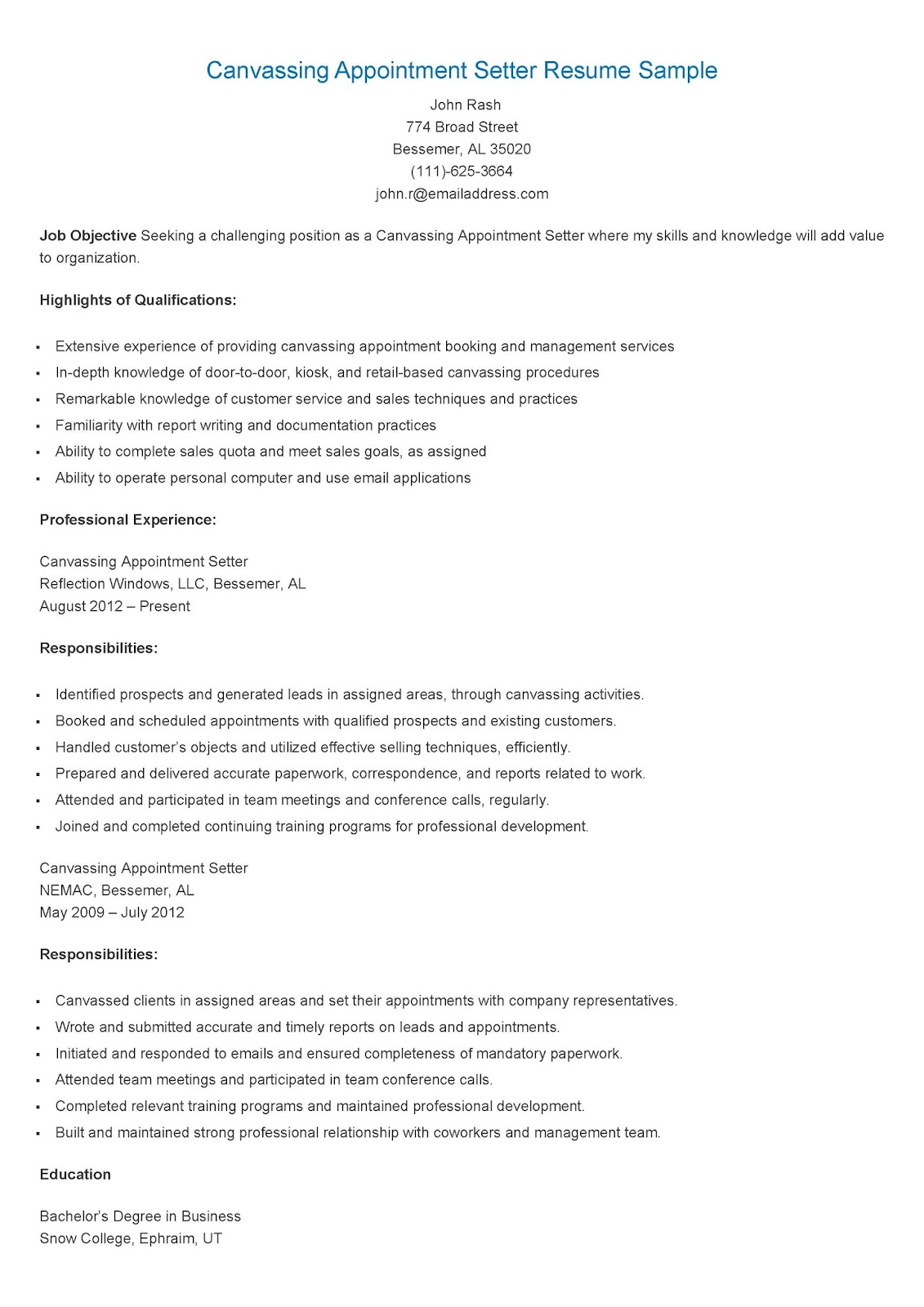 Appointment Setter Resume October 2021