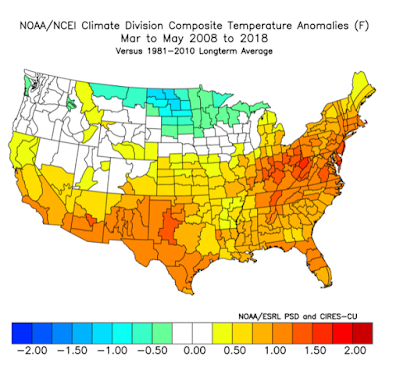 Figure 6. NOAA temperature anomaly composites, March-May 2008-2018.