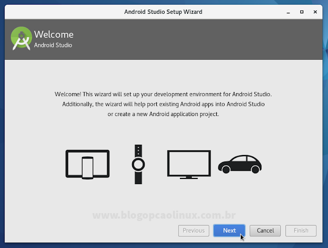 Janela principal do instalador do Android Studio