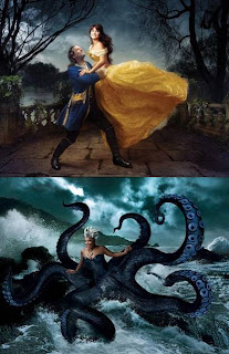 Two photos from "Let the Memories Begin": Penelope Cruz and Jeff Bridges recreate the final dance from "Beauty and the Beast"; and Queen Latifah is shown as Urusla the cecaelia, commanding the waves. 