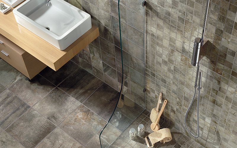 Tile makes beautiful floors and walls in this bathroom