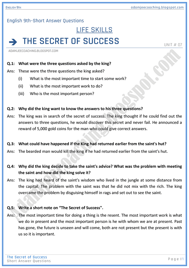 Adamjee Coaching Life Skills Question Answers English 9th