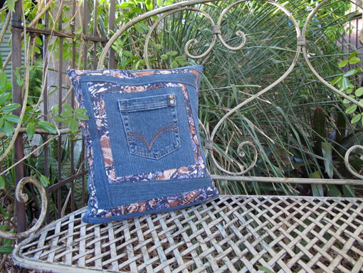 Jeans Pocket Cushion Tutorial... take a pair of jeans, add some scraps of fabric and you have a one of a kind cushion ~ Threading My Way