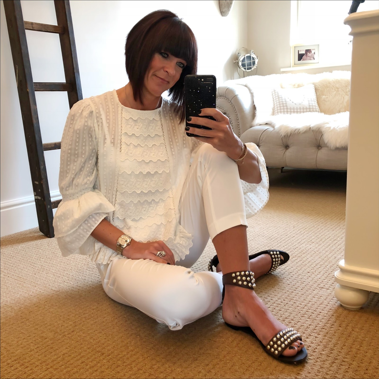 my midlife fashion, zara frilled plumetis blouse, marks and spencer tapered trousers, ash studded flat sandals
