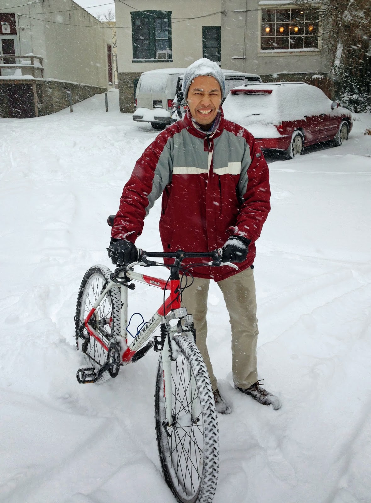 Nasim Fekrat riding my bike in the snow