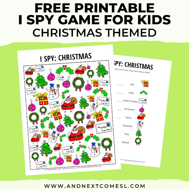 Free I spy game printable for kids: Christmas themed