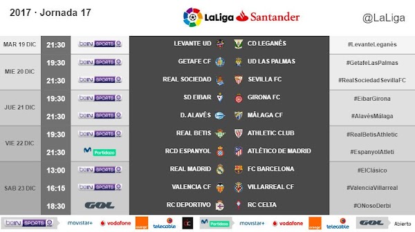 Liga Santander 2017/2018, horarios oficiales de la jornada 17
