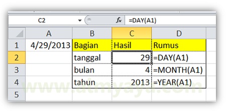  Gambar: Contoh penggunaan fungsi DAY(), MONTH() dan YEAR() untuk mendapatkan tanggal (hari), bulan, dan tahun dari sebuah nilai tanggal (date) di Microsoft Excel
