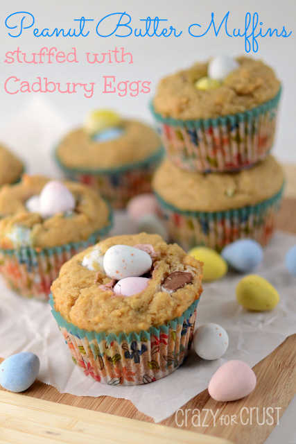 Peanut Butter Muffins stuffed with Cadbury Eggs + Easter Candy Dessert Roundup the perfect way to enjoy your pastel Easter Candy from the Easter Egg Hunt. You will love these Easter Candy Dessert Recipes on www.Embellishmints.com