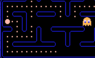 Animation of Pac-Man in the 1980 arcade version escaping the ghosts by exploiting the pass-through bug.