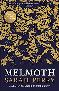 The cover of Melmoth by Sarah Perry, featuring a design of golden feathers and leaves.