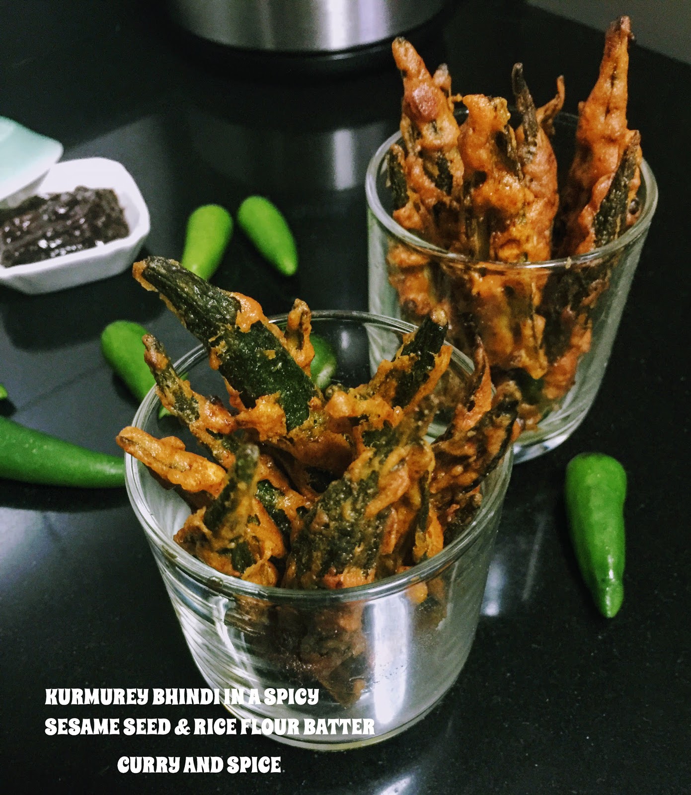 CURRY AND SPICE KURMUREY BHINDI IN A SPICY SESAME SEED & RICE FLOUR BATTER