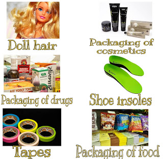 This image shows uses of polyvinylidene chloride in doll hair, packaging of cosmetics, packaging of drugs,shoe soles,tapes and packaging of food.