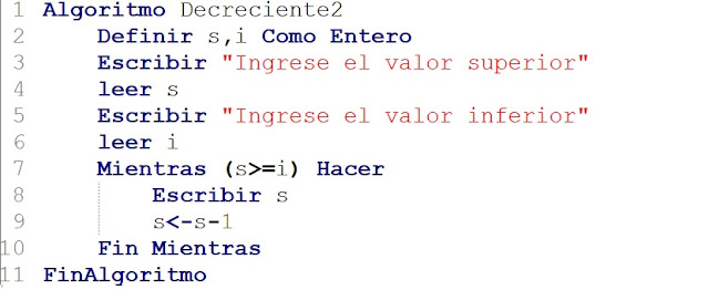 ciclos repetitivos en orden decreciente en algoritmos