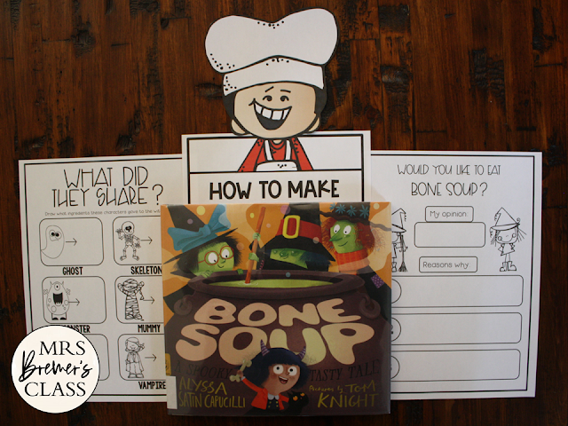 Bone Soup book study activities unit with Common Core aligned literacy companion activities and a craftivity for Halloween in Kindergarten and First Grade