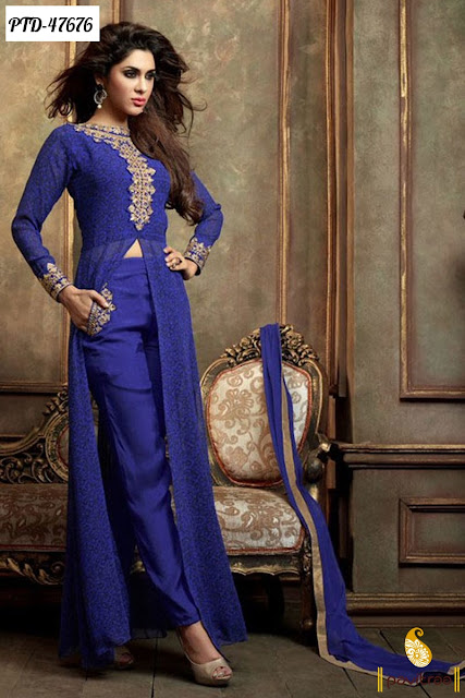 Diwali festival blue chiffon anarkali salwar suit online shopping with best discount deals and offer price in India
