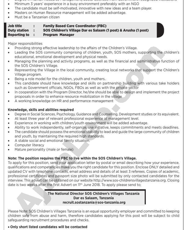 2 Job Opportunities at SOS Children's Villages Deadline 25 June