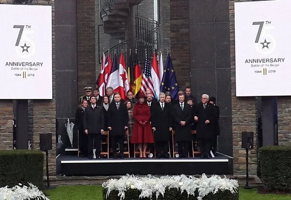 President Andrzej Duda, Queen Mathilde, King Philippe, Grand Duke Henri and Frank-Walter Steinmeier. red wool cashmere coat