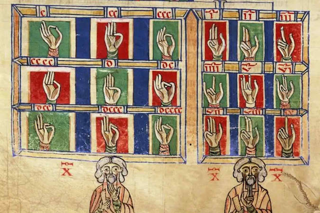 Contar com os dedos de 1 a 20.000, de 'De numeris'. Codex alcobacense, por Rabanus Maurus (780-856) Contar com os dedos de 1 a 20.000, de 'De numeris'. Codex alcobacense, por Rabanus Maurus (780-856)