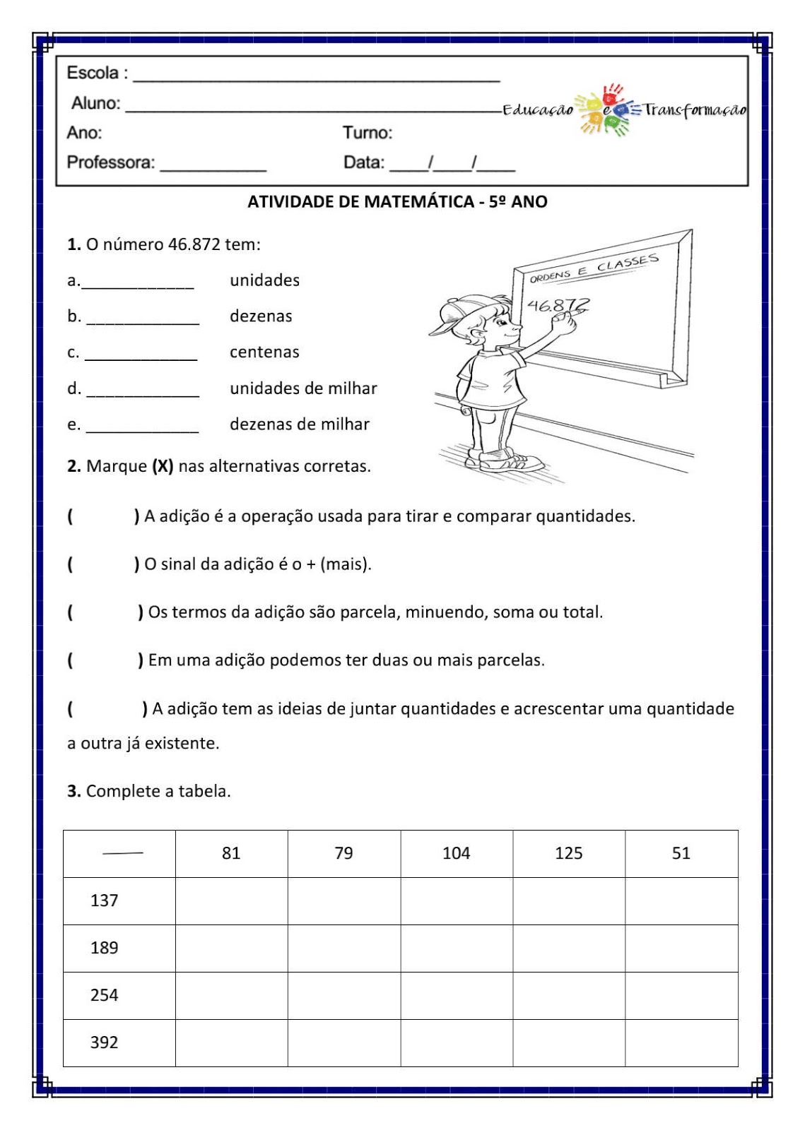 Atividades de Matemática para o 5º Ano do Ensino Fundamental