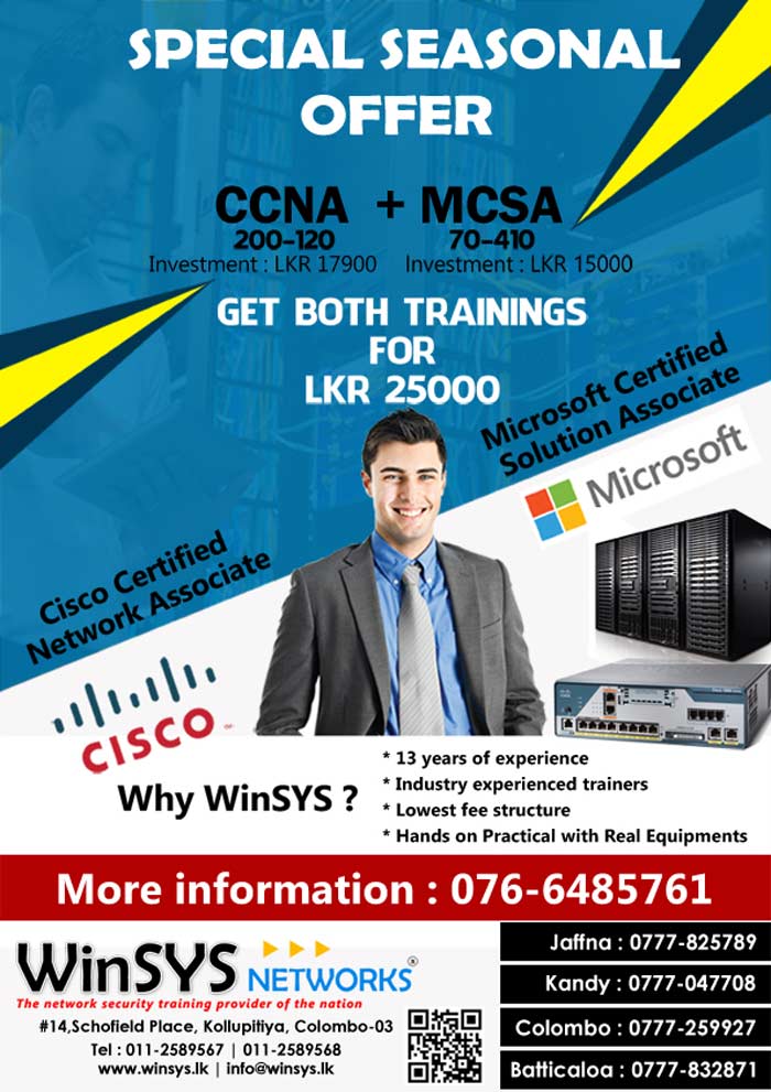 WinSYS Networks (Pvt) Ltd. was established in May 2003 with the prime intention of providing Hi Tech training and Consulting for corporate sector. In short period of time we have built reputation as a professional organization of very high integrity. Today WinSYS Networks, has become a premier training & consultancy company for networking, network security, & internet technologies in Sri Lanka, Human resources of WinSYS Networks include senior network consultants, business consultants, network security experts, project managers, system analysts and professional trainers. 