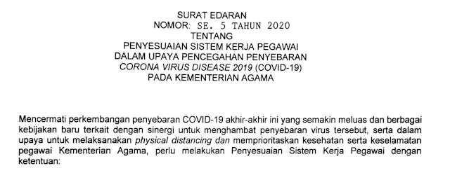 Surat Edaran Tentang Penyesuaian Sistem Kerja Pegawai Dalam Upaya Pencegahan Penyebaran Covid-19 Pada Kementerian Agama