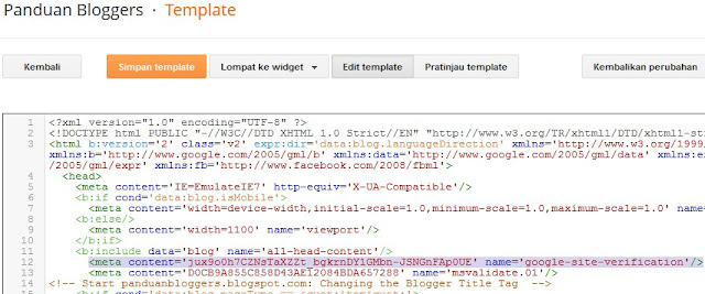 Kode Tag HTML Verifikasi Blog