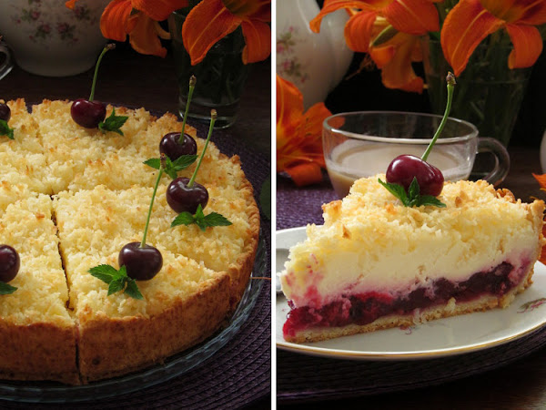 Творожный пирог с вишней и кокосовым штрейзелем