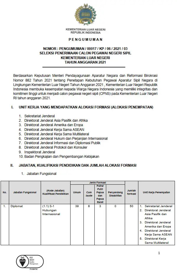 Download Rincian Formasi CPNS Kementerian Luar Negeri RI Tahun 2021