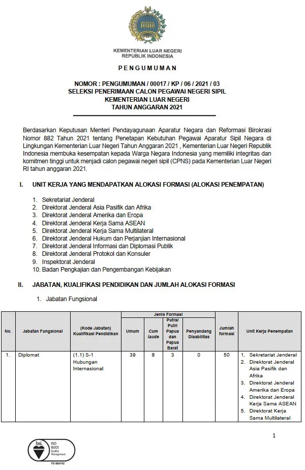 Download Rincian Formasi CPNS Kementerian Luar Negeri RI Tahun  Download Rincian Formasi CPNS Kementerian Luar Negeri RI Tahun 2021