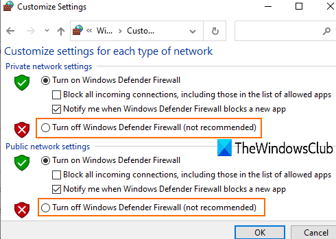 vypněte firewall systému Windows