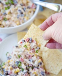 Skinny Southwest Chicken Salad - Skinny Southwest Chicken Dip is full of shredded chicken and loads of veggies and spices for a healthy Southwest Chicken Salad appetizer or main course! #healthyrecipe #salad