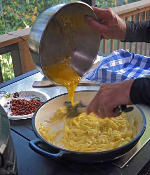 Smoked Sausage Carbonara on the Big Green Egg