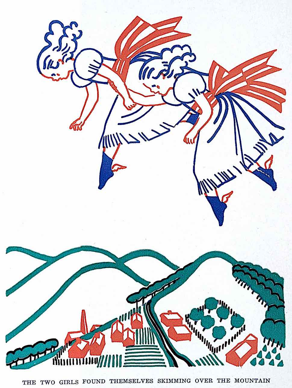 Elizabeth Enright illustration The two girls found themselves skimming over the mountain, an Elizabeth Enright children's book illustration