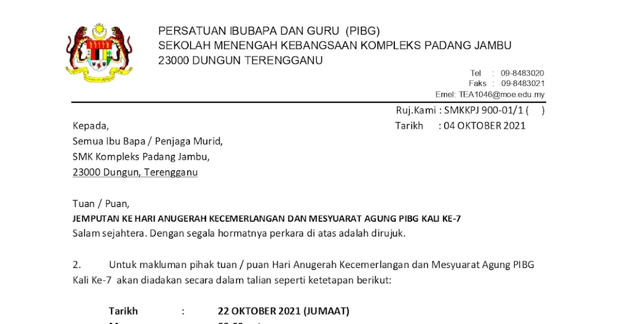 Surat Jemputan Mesyuarat Pibg 2021 Smk Kompleks Padang Jambu
