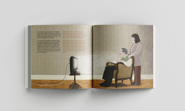 Ilustración editorial de pareja de ancianos en su salón viendo la televisión para 'Los mayores cuentan'
