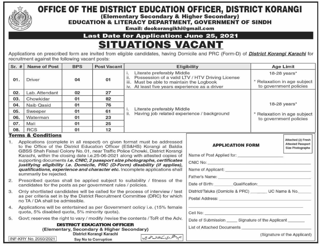 School Education & Literacy Department Education Posts Karachi 2021
