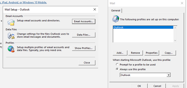 기본 Outlook 프로필 변경 Windows 10