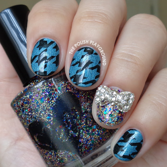 Blue and Black Houndstooth Stamping Nail Art