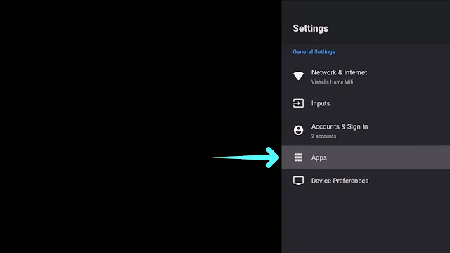 click on apps app settings in mi android tv