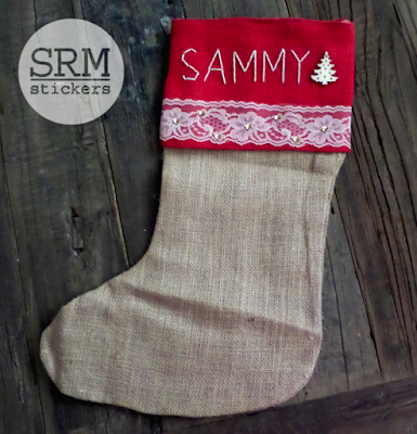 SRM Stickers Blog - Burlap Christmas Stocking by Annette - #burlap #christmas #stockings #lace #ecru #twine #shimmertwiner #DIY