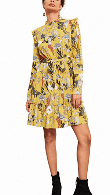 Model in yellow floral dress