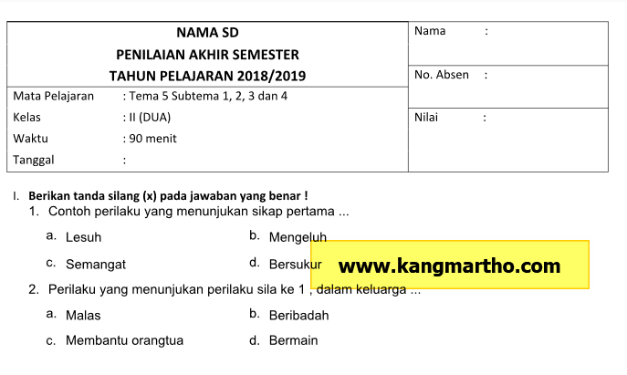 Download Soal Uas Pas Ukk K13 Sd Kelas 1 2 3 4 5 6 Dengan Kisi Kisi Dan Kunci Jawaban Guru Berbagi
