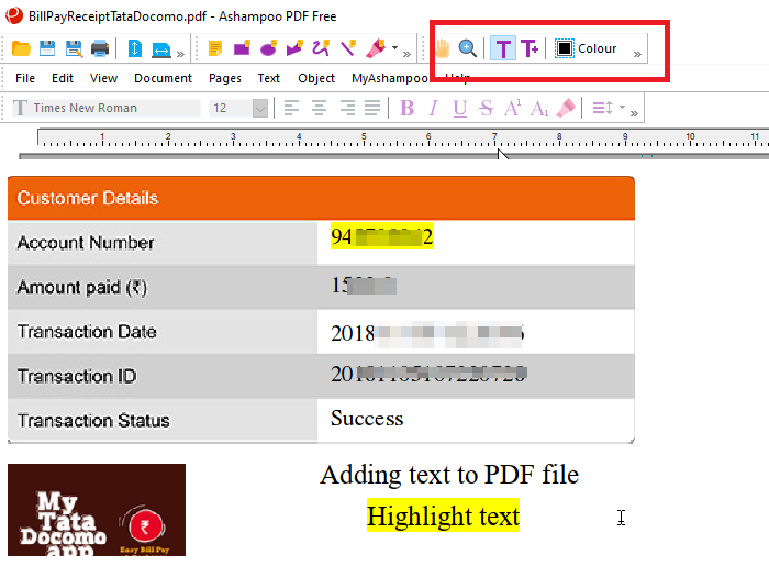 강조 표시된 텍스트 텍스트 추가 Ashampoo PDF