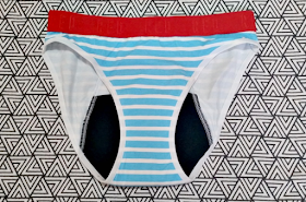 A pair of Modibodi RED knickers. Blue and white stripes.