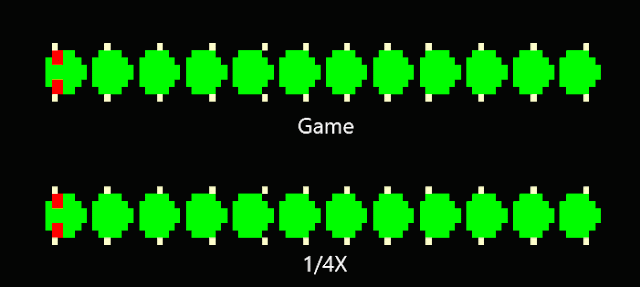 Animation of the centipede in the 1980 arcade game, Centipede.  Shows normal speed and quarter speed.