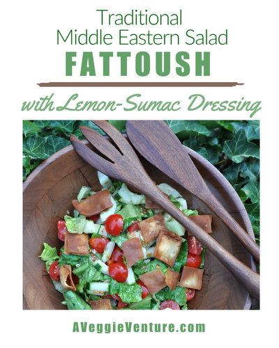 Fattoush (Middle Eastern Salad with Romaine, Tomatoes, Cucumbers, Fried Pita Chips and Lemon-Sumac Dressing), another creative summer salad ♥ AVeggieVenture.com