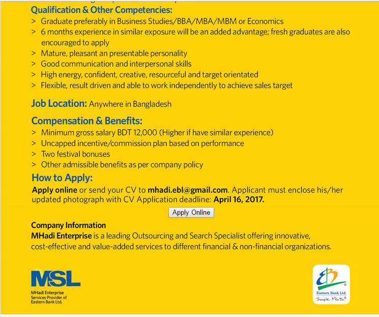 Eastern Bank Ltd. Collection Executive, Special Asset Management Job Opportunity